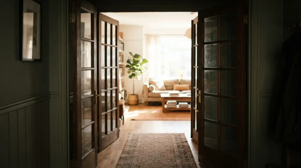 Glazed internal French doors connecting a hallway to a bright living room