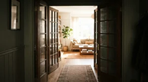 Glazed internal French doors connecting a hallway to a bright living room