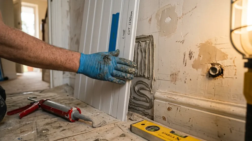 Panel with adhesive beads on the back being pressed onto a prepared bathroom wall