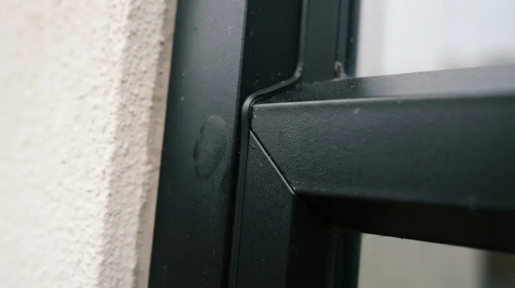 Close-up of a matte black aluminium window frame corner joint against white render