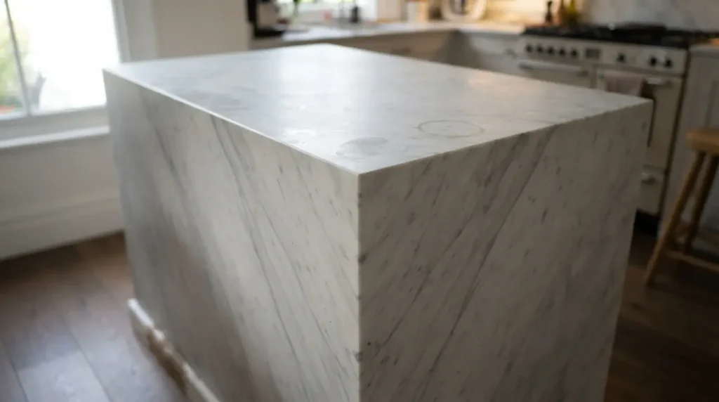 Kitchen island with marble waterfall edge countertop wrapping down the side panel