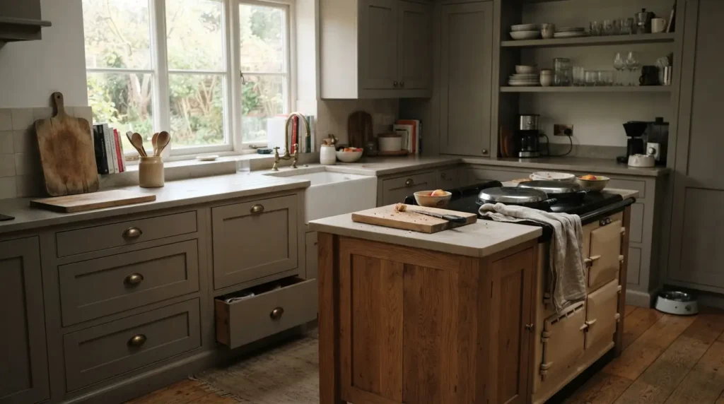 Grey kitchen cabinets paired with warm oak island and brass hardware for a timeless colour scheme