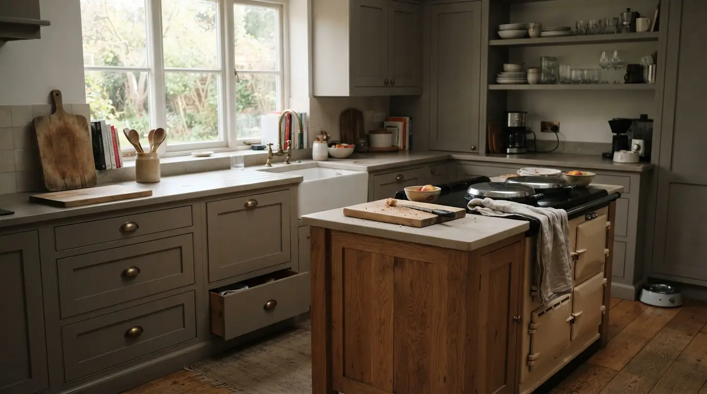 Grey kitchen cabinets paired with warm oak island and brass hardware for a timeless colour scheme