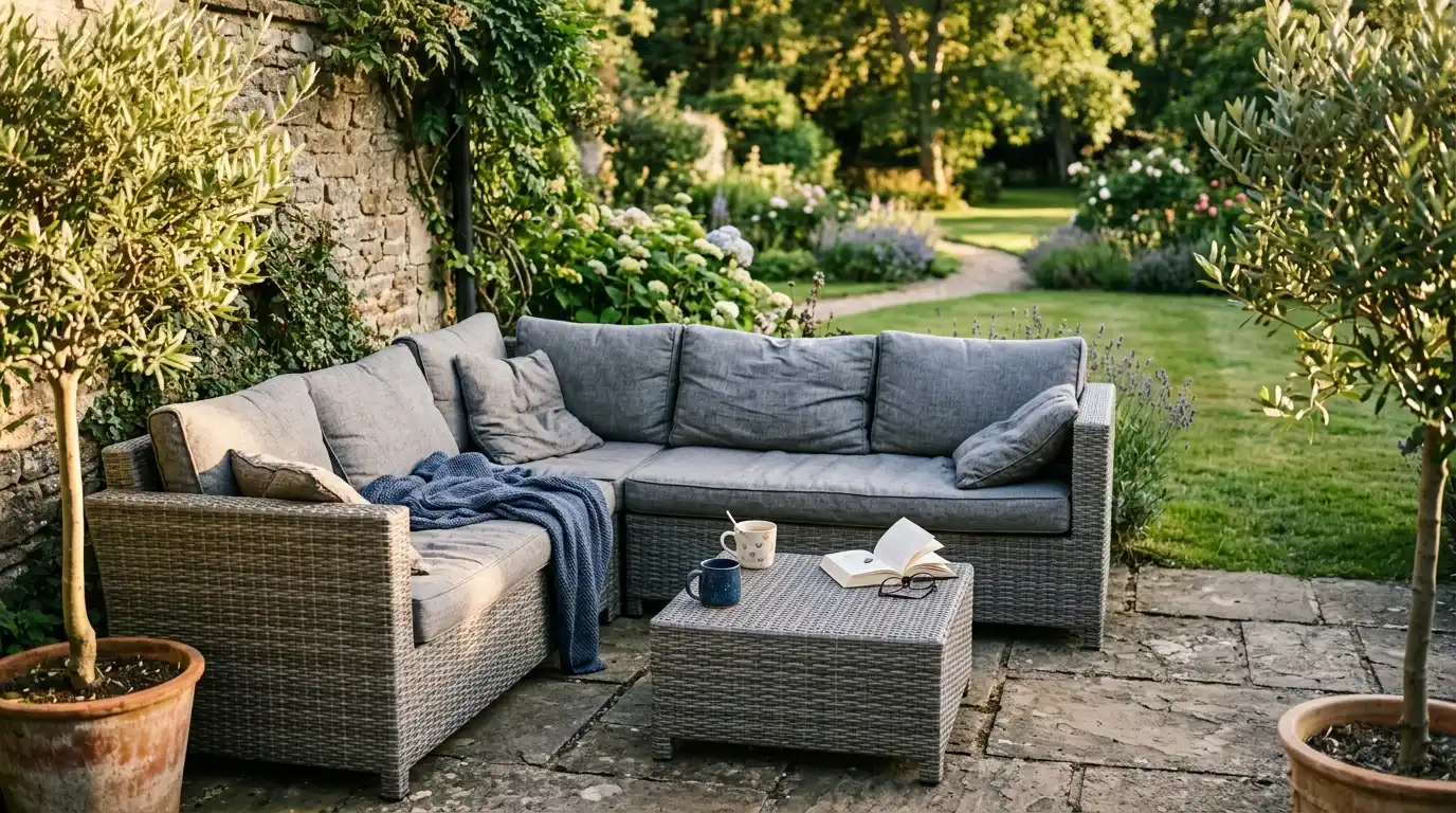 Grey rattan corner sofa set styled with cushions and a rattan coffee table on a garden patio