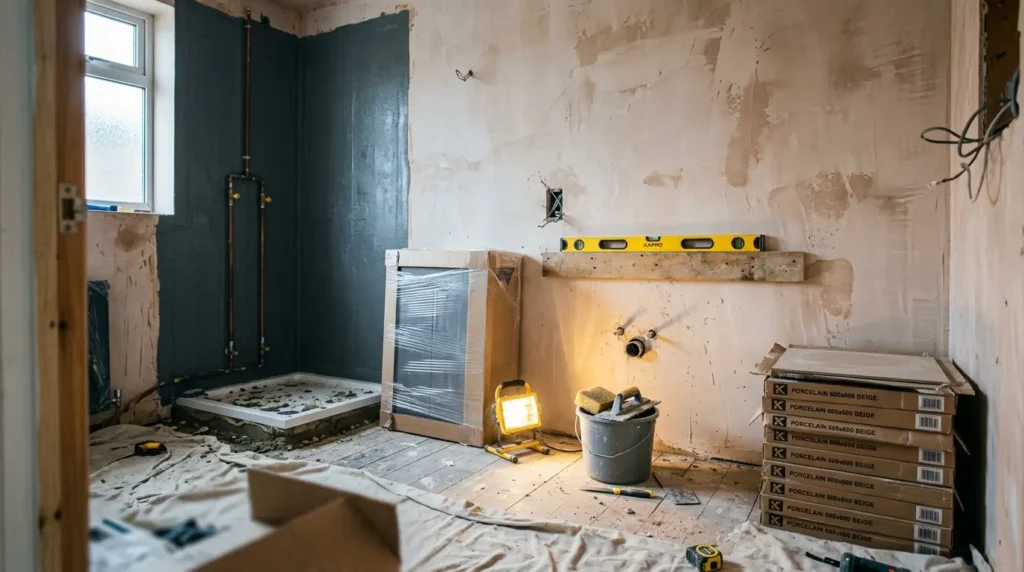 Half-finished bathroom mid-renovation with fresh plaster, tanked shower area and stacked wall tiles, showing how to renovate a bathroom step by step