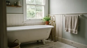 Half-height white tongue and groove panelling with a capping rail in a classic bathroom with a roll-top bath and brass taps