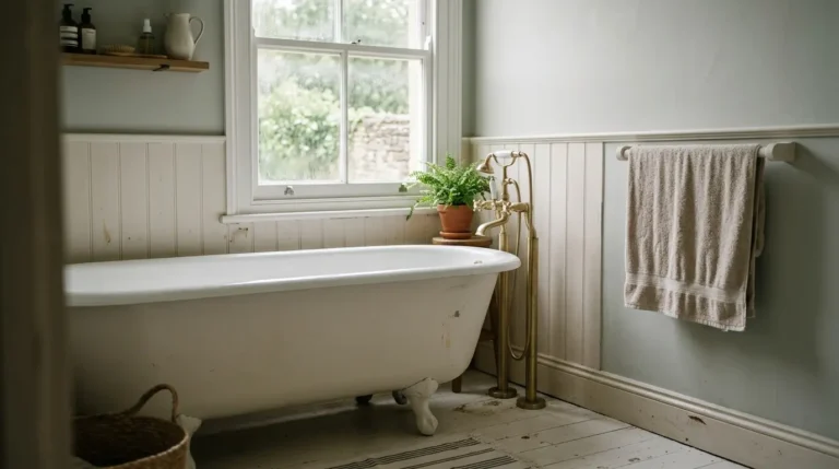 Half-height white tongue and groove panelling with a capping rail in a classic bathroom with a roll-top bath and brass taps