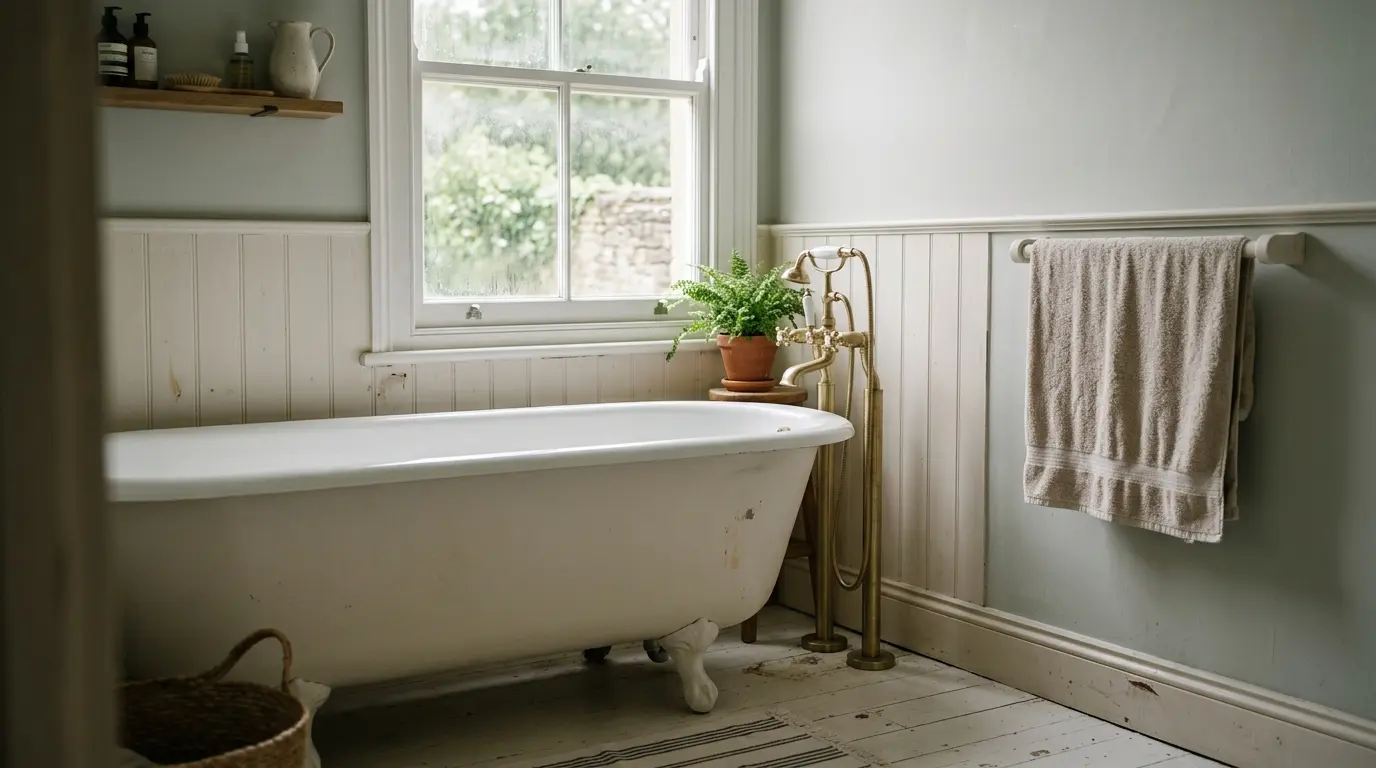 Half-height white tongue and groove panelling with a capping rail in a classic bathroom with a roll-top bath and brass taps