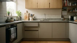 1. Handleless kitchen with gola rail base units and light oak tall cabinets in a minimalist open-plan room