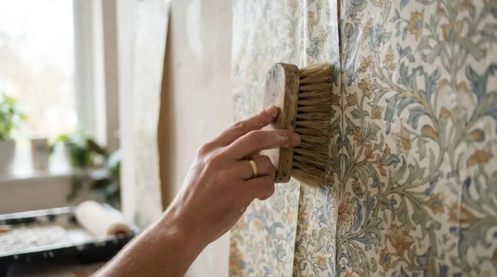Wallpaper being smoothed into place during feature wall installation