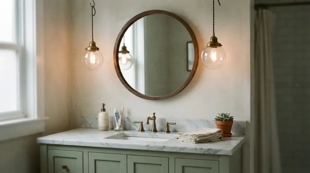 Brass hanging mirror lights either side of a bathroom vanity
