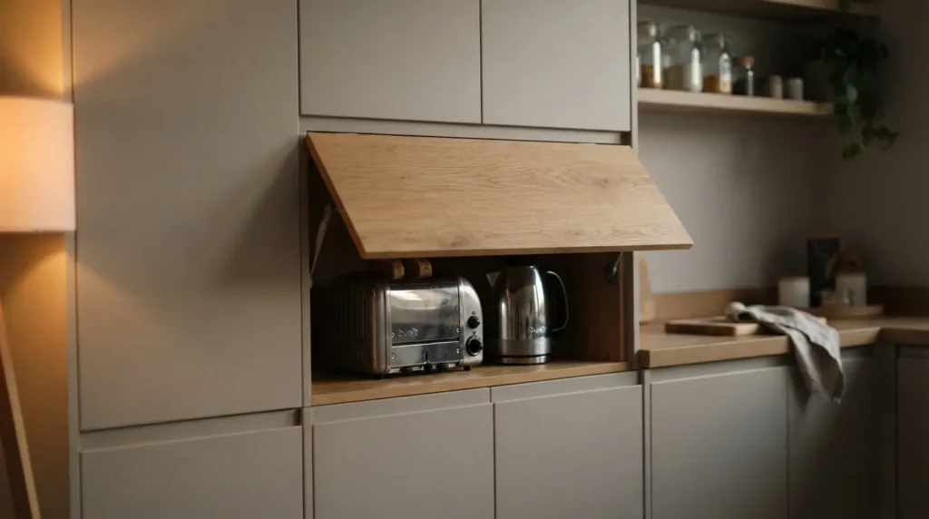 Hide the working clutter behind pocket doors