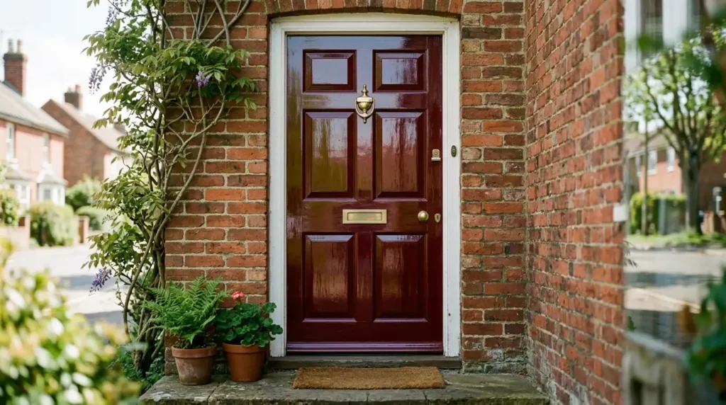 Oxblood red front door against a red brick house exterior