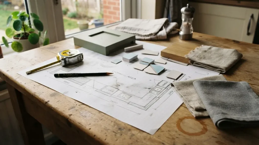 Homeowner reviewing a scaled kitchen floor plan sketch on a table during the design a kitchen from scratch planning stage