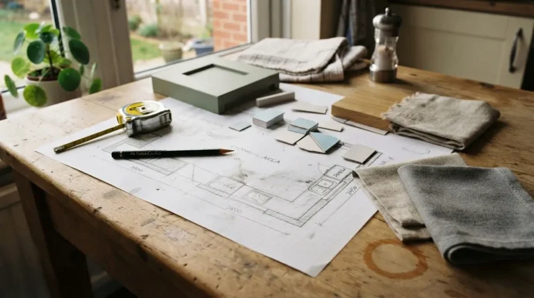 Homeowner reviewing a scaled kitchen floor plan sketch on a table during the design a kitchen from scratch planning stage