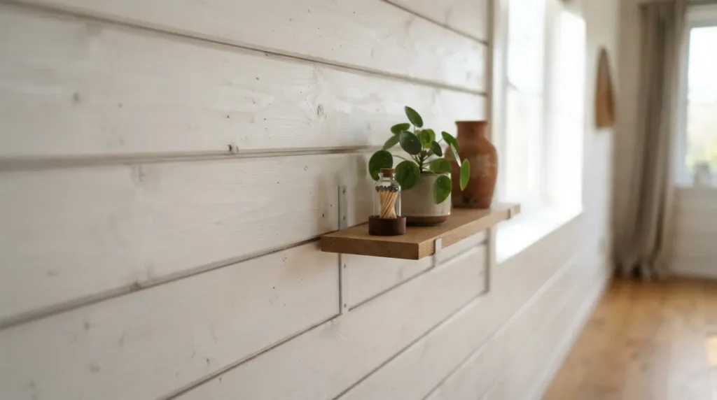 Horizontal plywood shiplap panelling on a budget-friendly living room wall