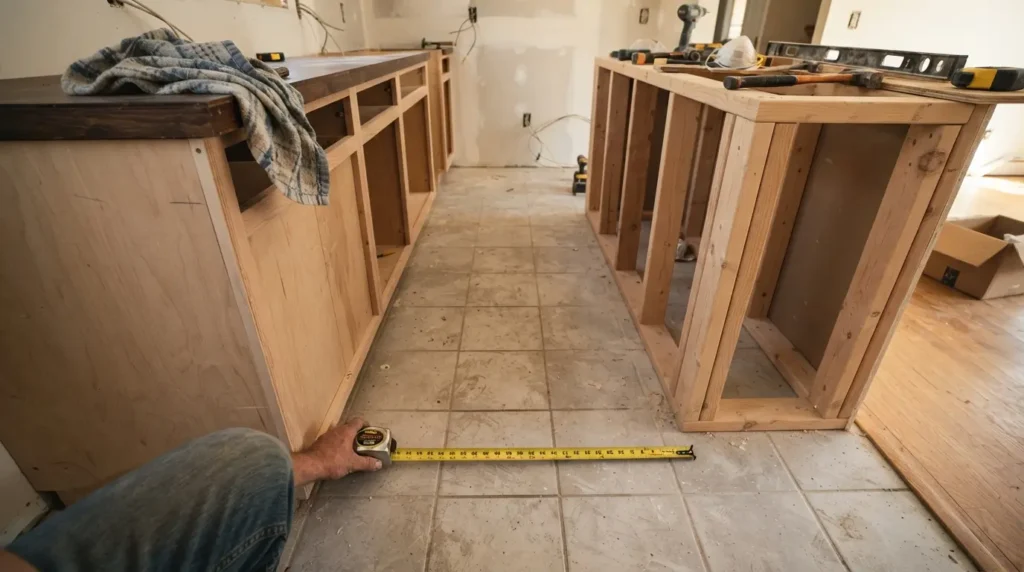 Medium sized kitchen island with seating for three and standard worktop overhang
