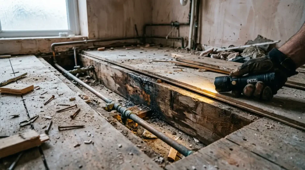 Stripped-out bathroom floor revealing a damp-stained joist and old pipework, showing why bathroom renovation contingency matters