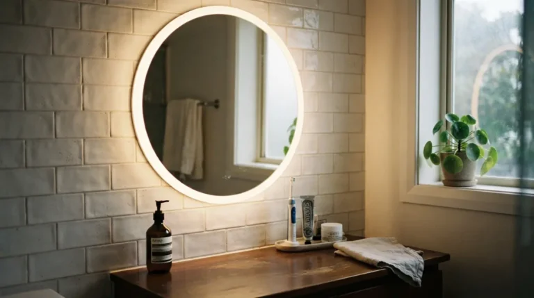 Halo-style LED bathroom mirror giving even glow above a vanity