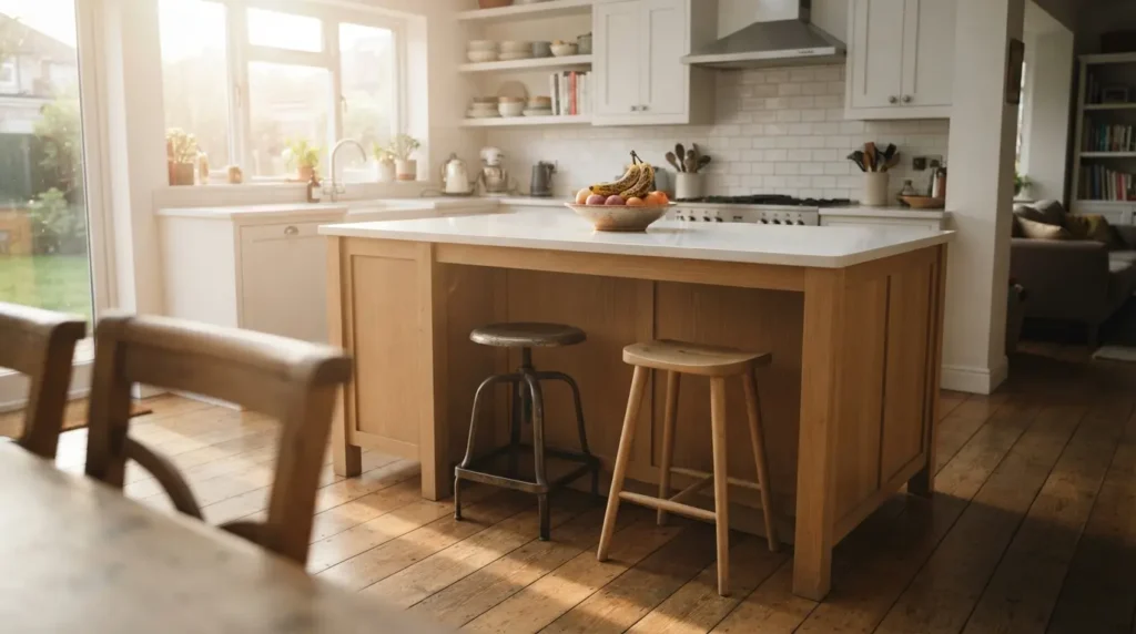 Open-plan island kitchen layout with a central island and clear walkway space