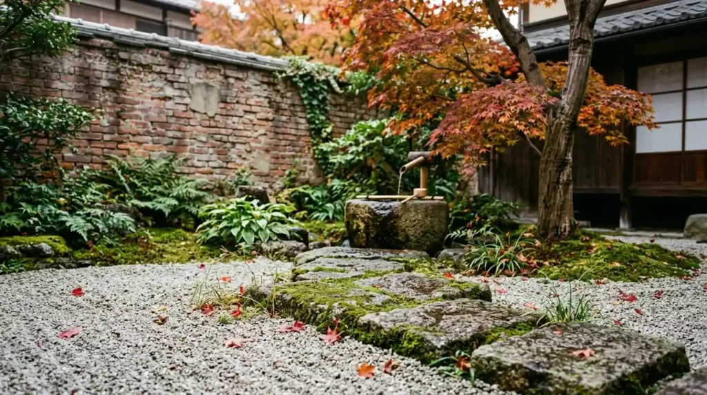 Small Japanese-style courtyard garden with Japanese maple, mossy stones and raked gravel beside a stone basin
