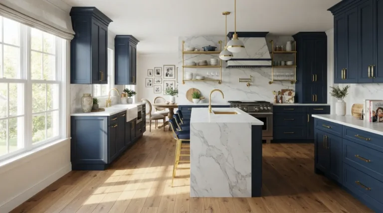 Navy blue kitchen colour scheme with brass hardware and marble worktop