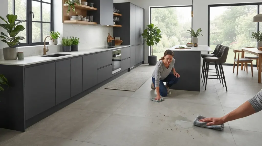 Kitchen flooring ideas featuring wood-effect porcelain tiles in a bright kitchen