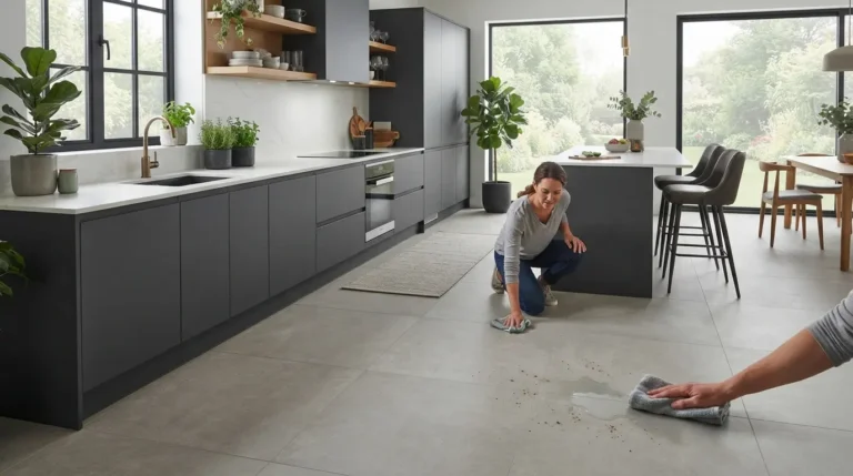Kitchen flooring ideas featuring wood-effect porcelain tiles in a bright kitchen
