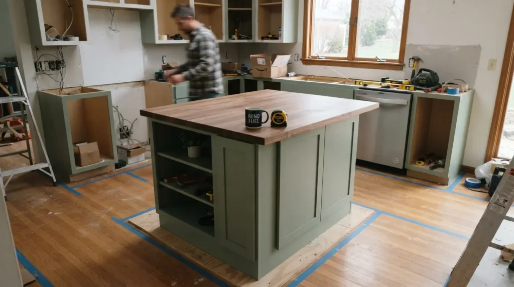 Kitchen island clearance space measured with tape on kitchen floor before installation