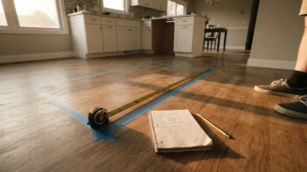 Kitchen island size guide showing clearance measurements marked with tape on a kitchen floor