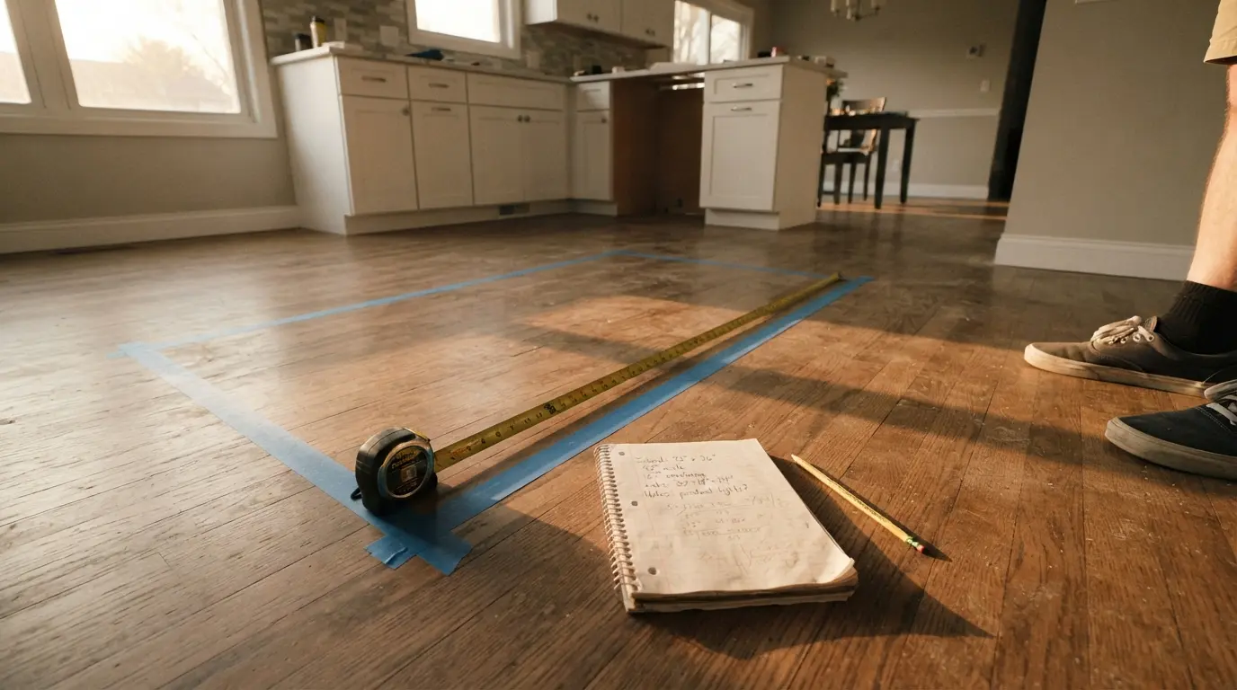 Kitchen island size guide showing clearance measurements marked with tape on a kitchen floor