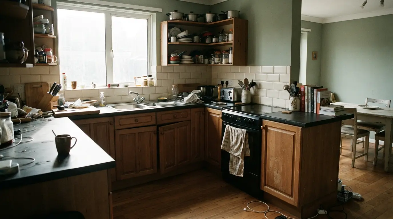 Overhead view comparing galley, L-shaped and island kitchen layouts in a home kitchen