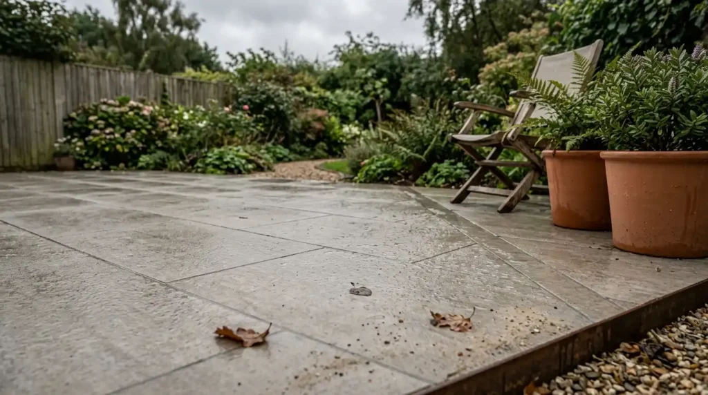 Clean porcelain paving terrace in a simple low maintenance garden with large pots and edged gravel