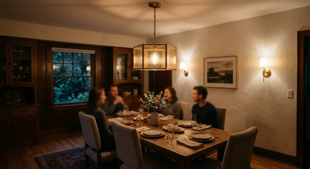 Statement pendant light over a dining table creating evening ambience