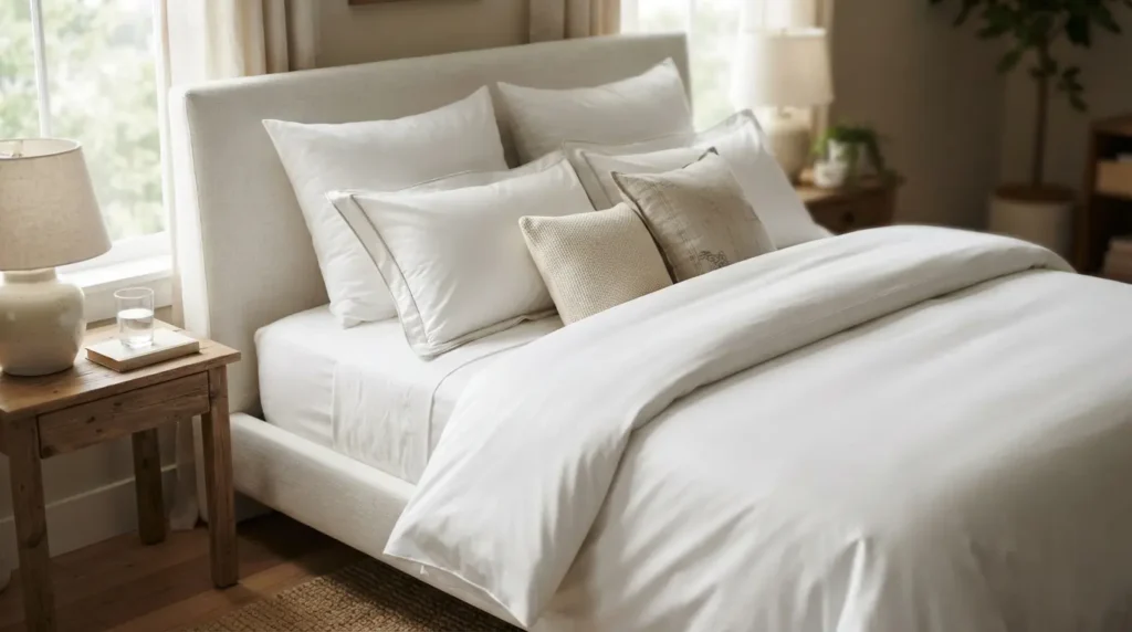 Layered white hotel-style bedding with folded-back duvet and structured pillows