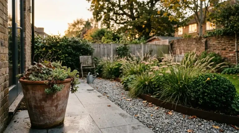 Low maintenance garden with porcelain paving, gravel borders, evergreen shrubs and ornamental grasses in soft evening light