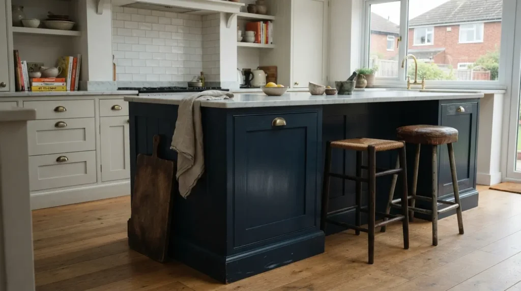 Full-height shaker cabinetry with contrasting island and pendant lighting