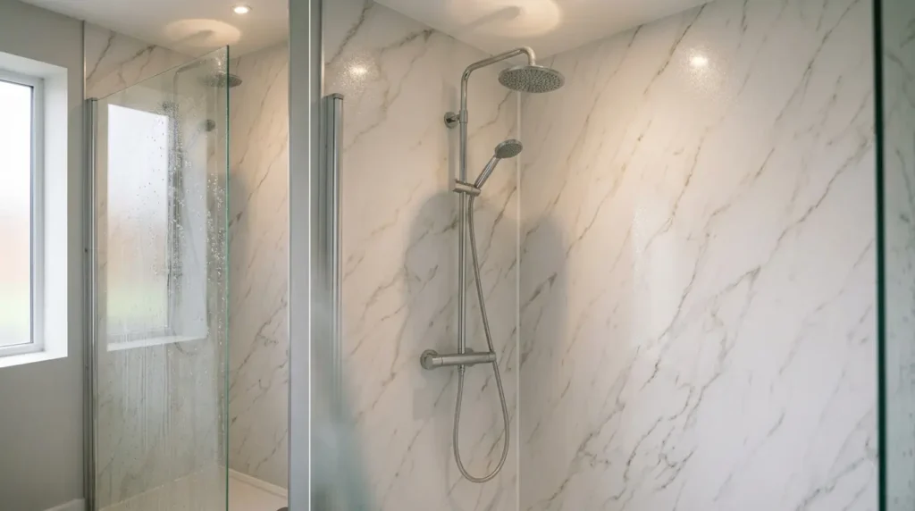 Marble-effect waterproof wall panels in a shower alcove with neat trims and silicone joints