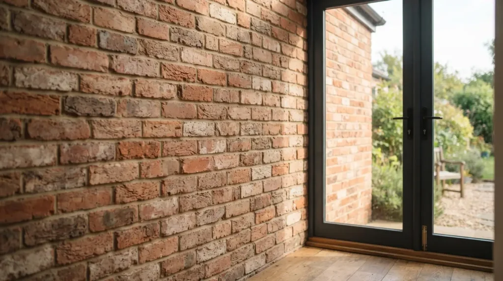 Reclaimed brick wall matching external brickwork near glass garden doors