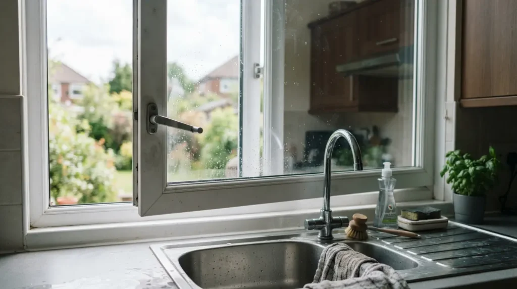 Close-up of a white uPVC casement window opening outward over a kitchen sink