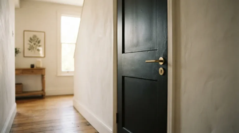 Matte black interior door against light walls in a naturally lit hallway