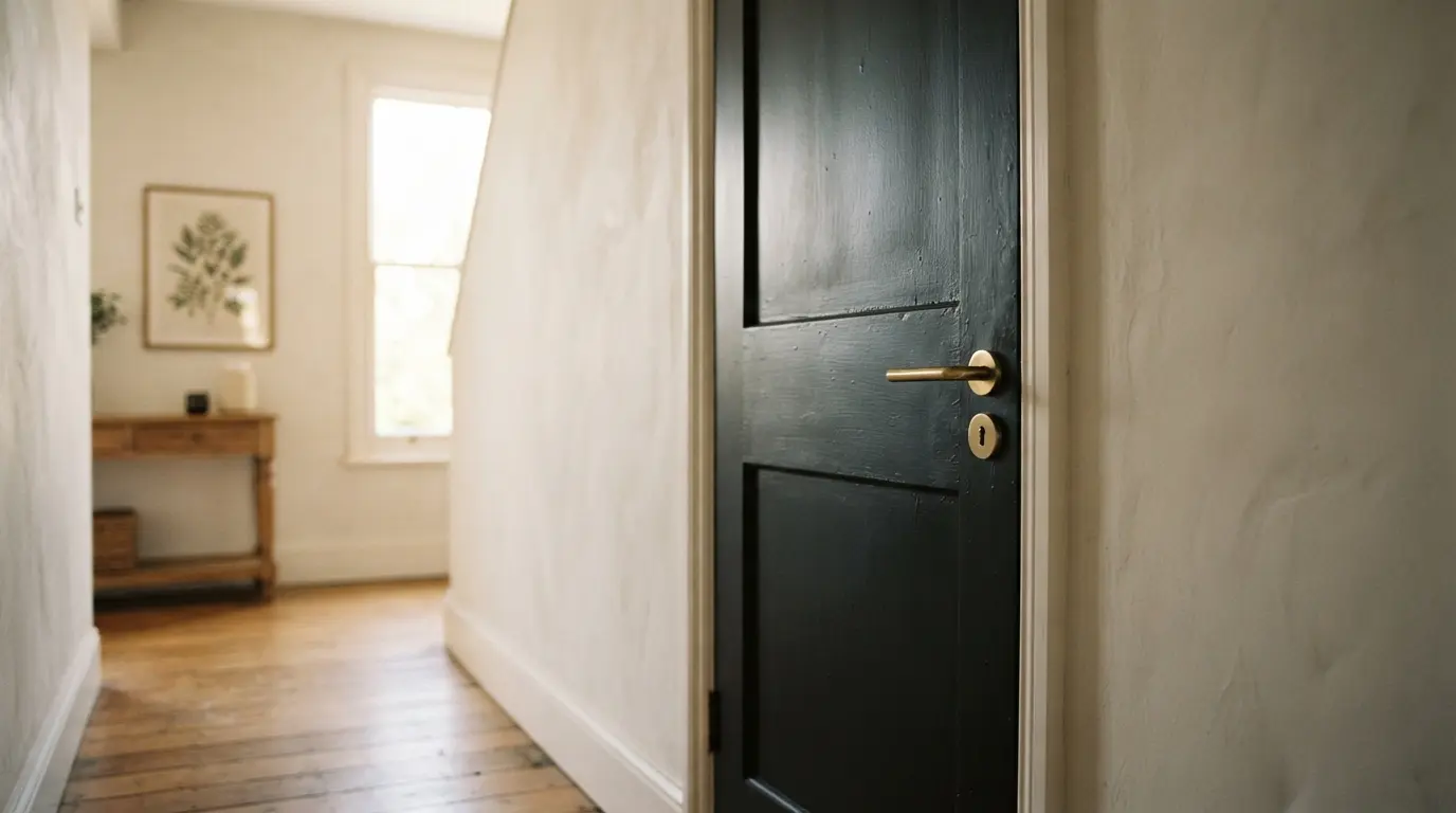 Matte black interior door against light walls in a naturally lit hallway