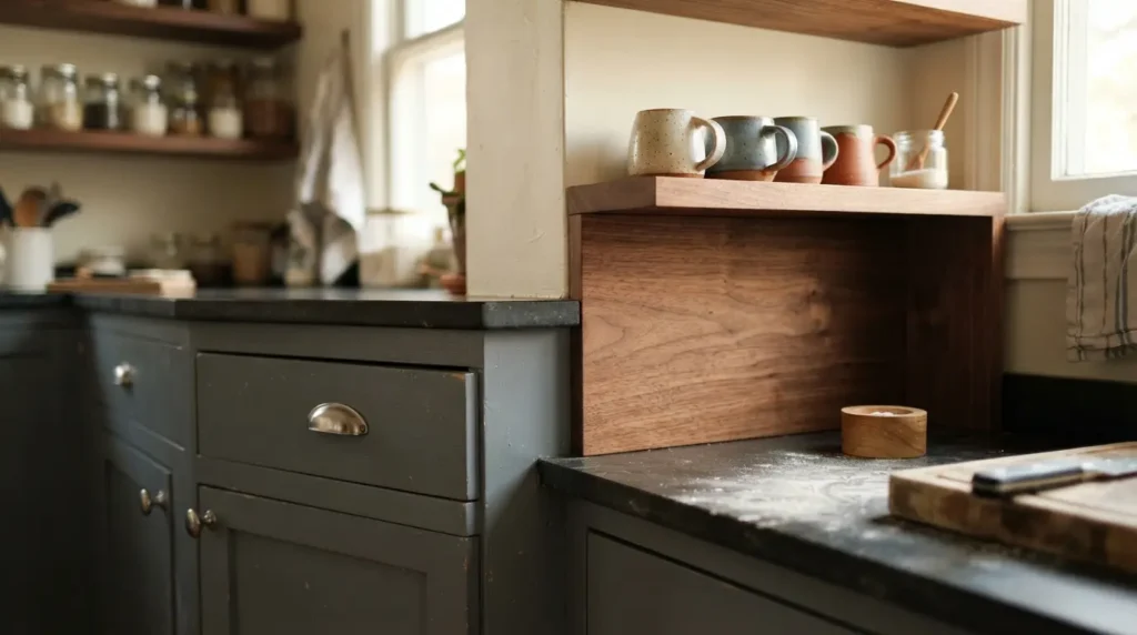 Charcoal grey kitchen island with mirrored splashback and marble worktop veining