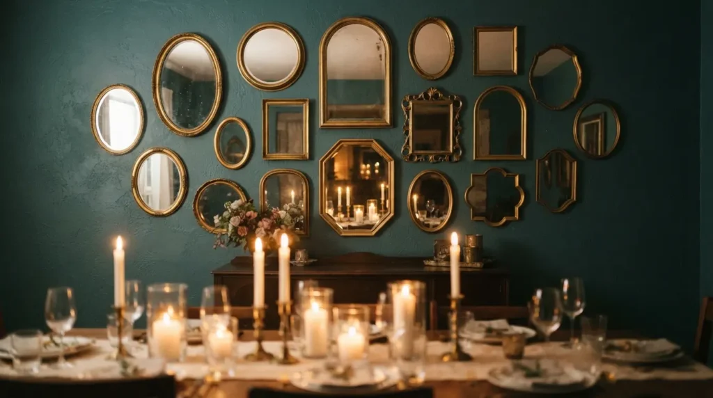 Collection of mixed mirrors reflecting candlelight in a dining room