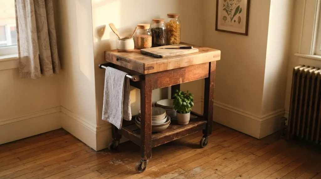Mobile kitchen island cart on wheels used as a compact prep station in a small kitchen