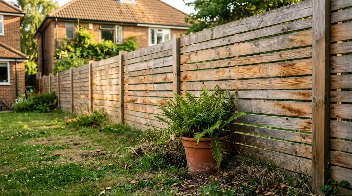 Modern horizontal slatted garden fence ideas with cedar timber and layered planting