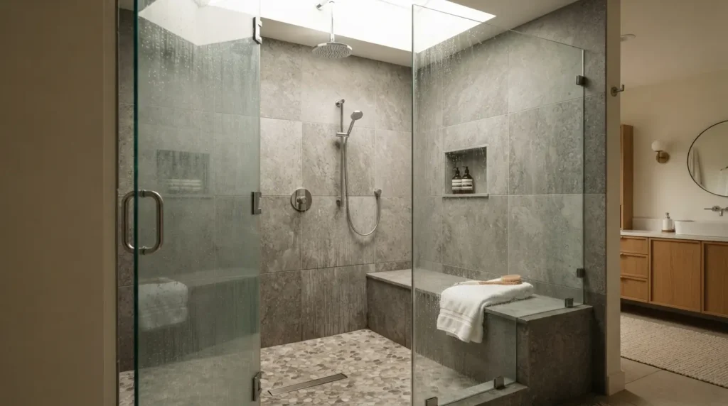 Fibreglass shower surrounds and heavy plastic curtains are one of the clearest tells of an unrenovated bathroom.