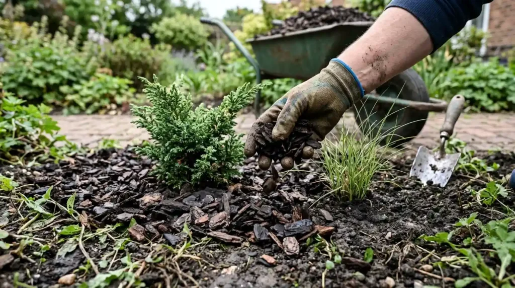Hand spreading dark bark mulch around ornamental grasses and shrubs in a low effort garden border