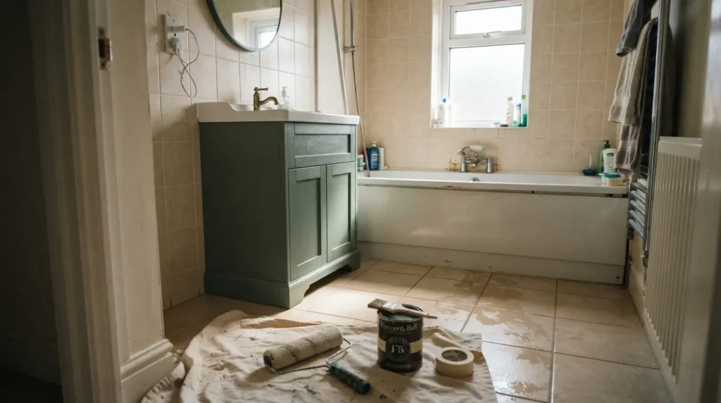 Outdated bathroom transformed with painted vanity, updated tile, and modern lighting fixtures