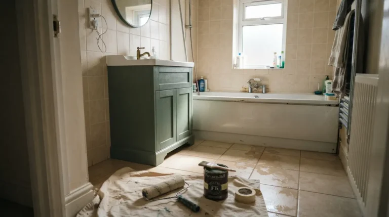 Outdated bathroom transformed with painted vanity, updated tile, and modern lighting fixtures